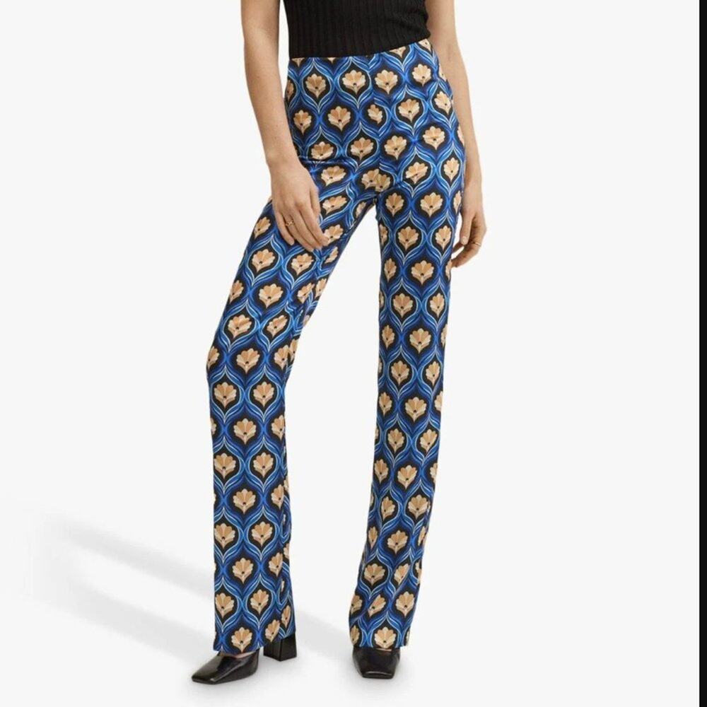 Mango 70's Printed Slightly  Flared Pants in Blue, US L